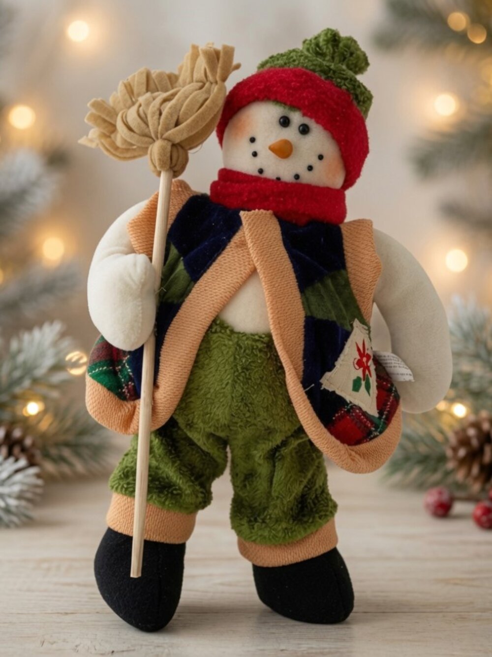 Vintage 15" Tall Plush Snowman Statue Handcrafted Christmas Holiday Decor VG